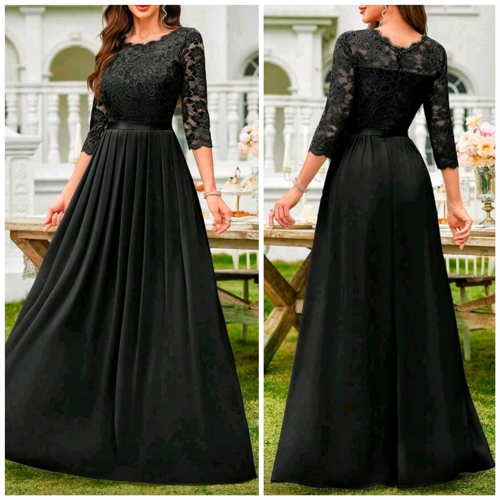 New Chic Lace Top Pleated Maxi Dress Gown Black